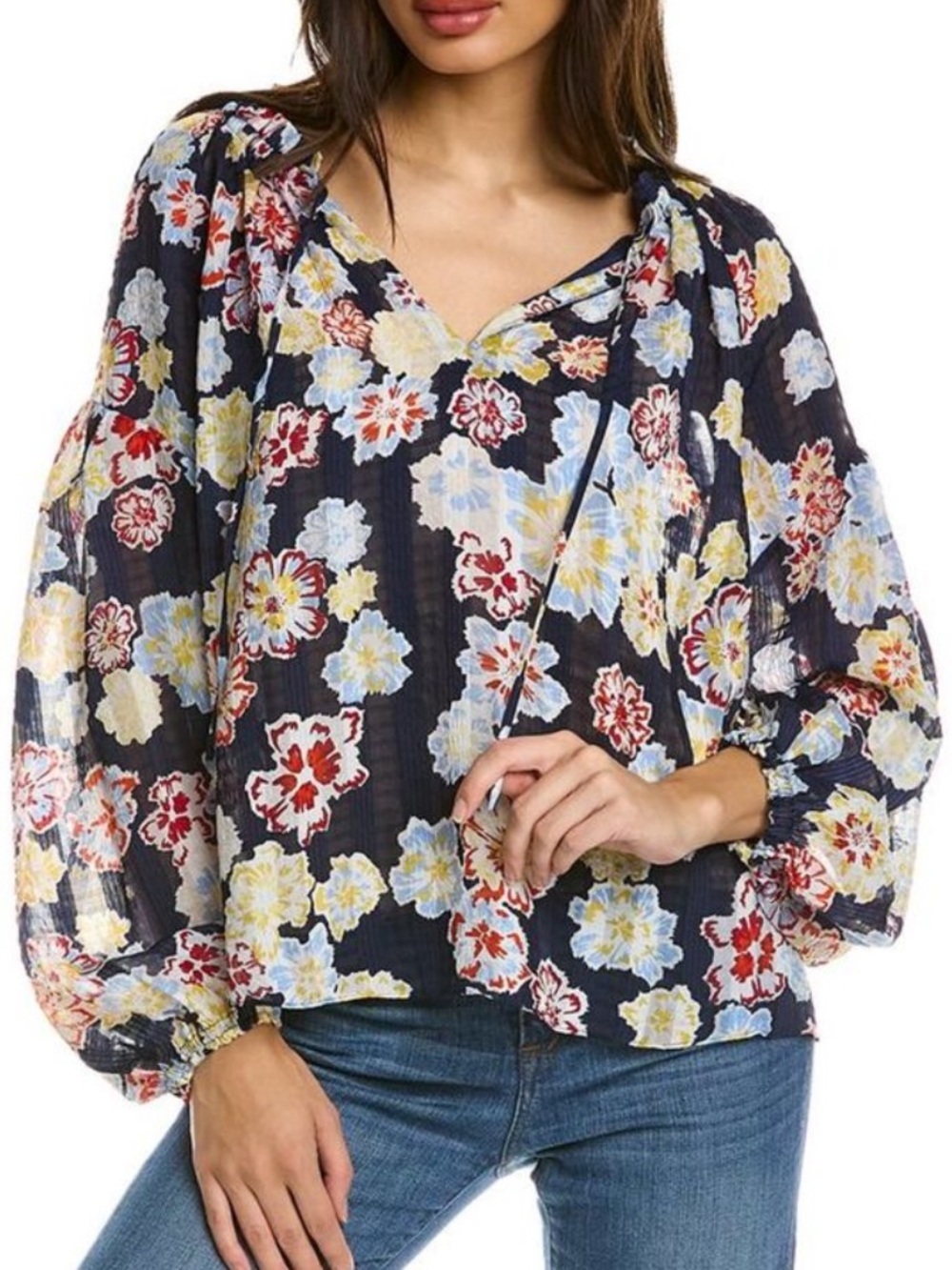 Tanya Taylor Floral Peasant Blouse Navy Sheer Long Sleeve Size Small